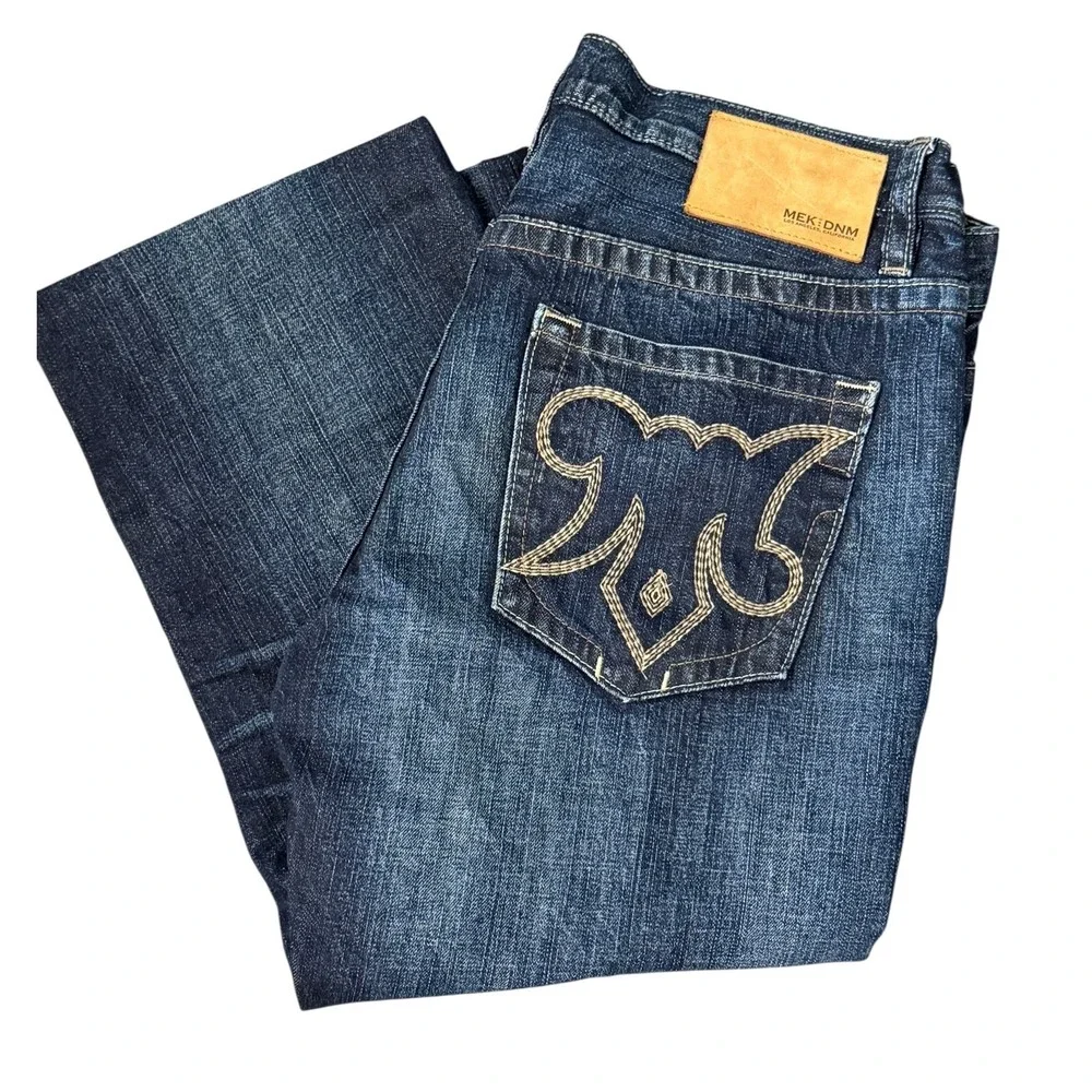 MEK DNM Calix‎ Straight Leg Jeans Mens 36x34 Dark Wash Embroidered Heavy Stitch